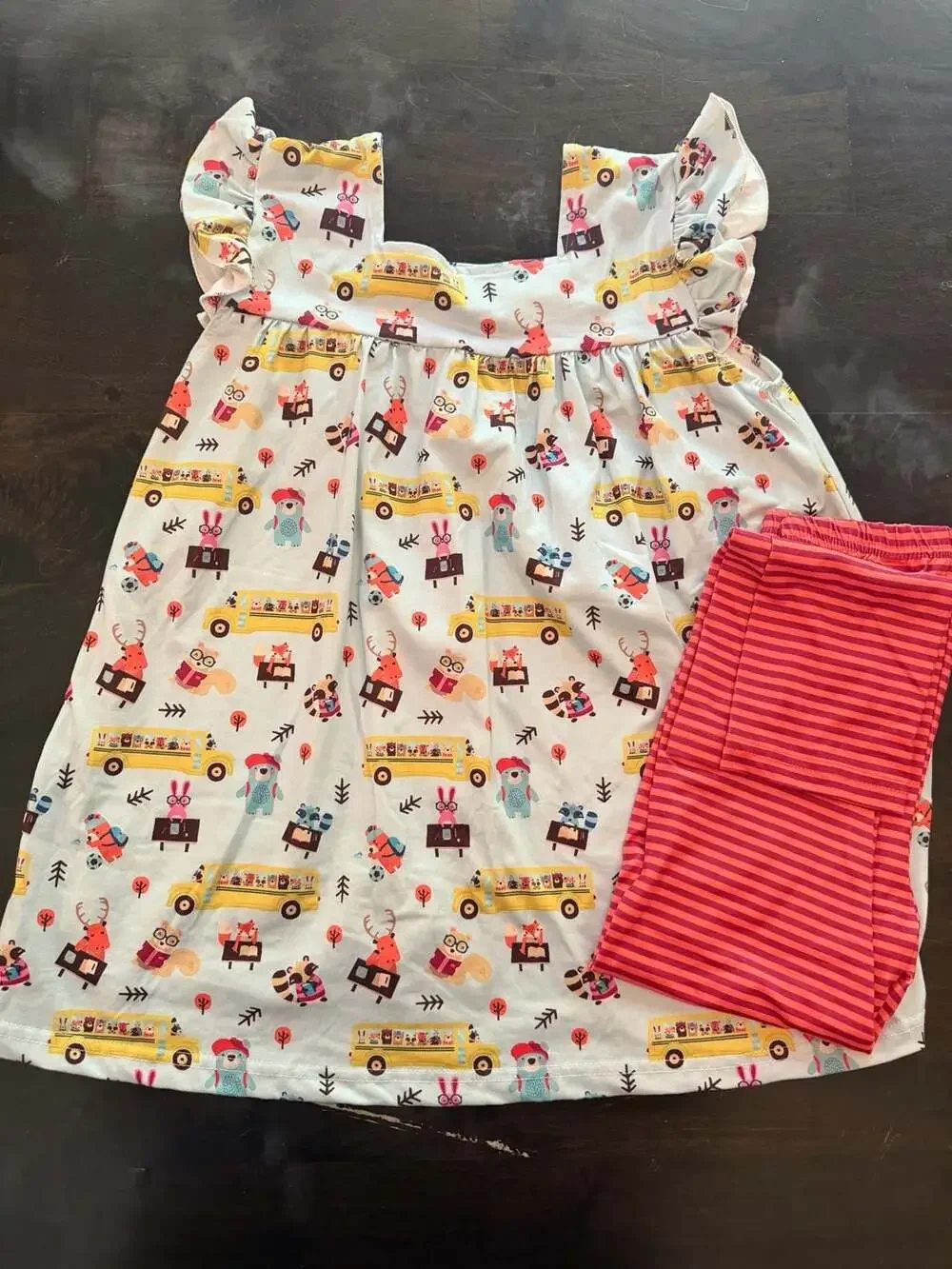 Pete & Lucy Girls Back to School Bus Flutter Dress with Striped Leggings